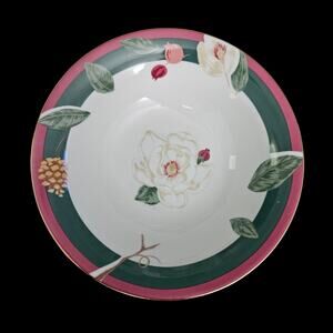 Tienshan Magnolia Round Serving Bowl Floral Pink Green Rim Fine China 9"